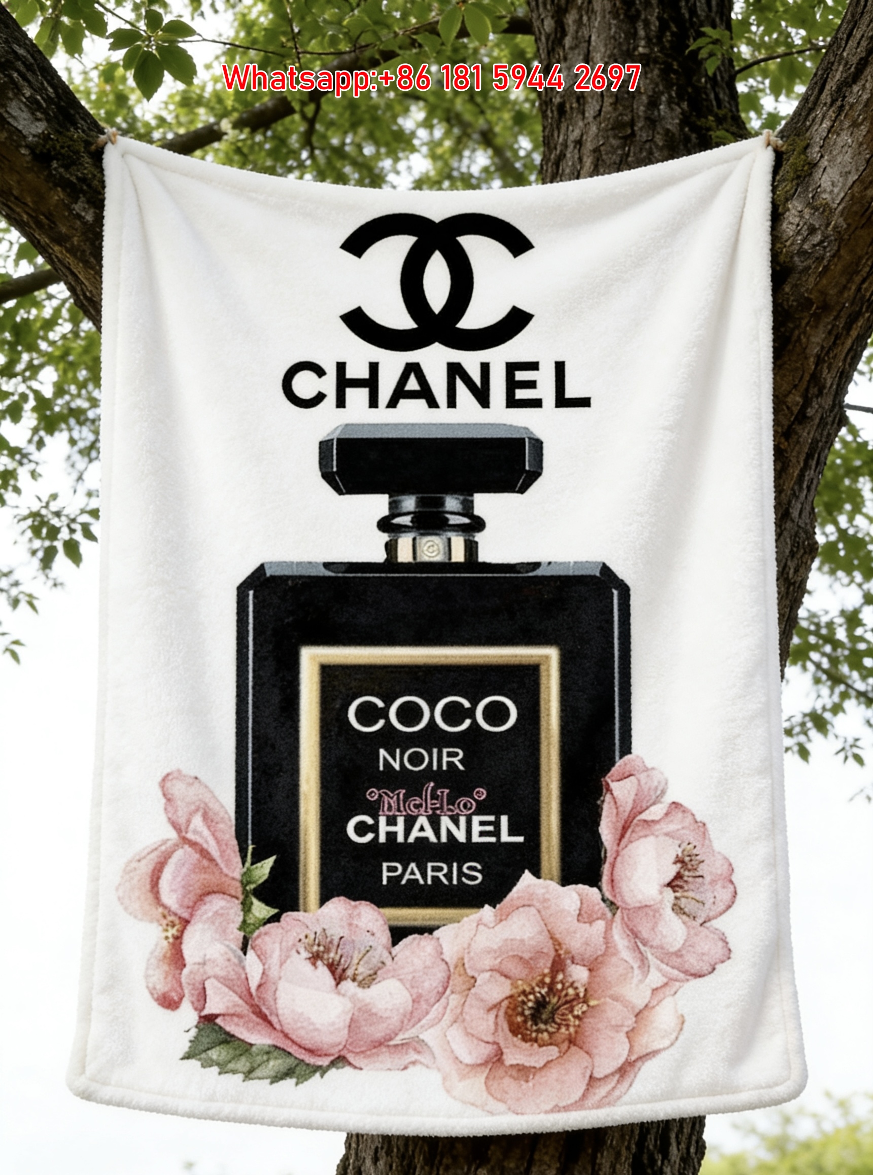 Chanel Coco Noir Perfume Bottle Floral Flannel Throw Blanket IMG_6661